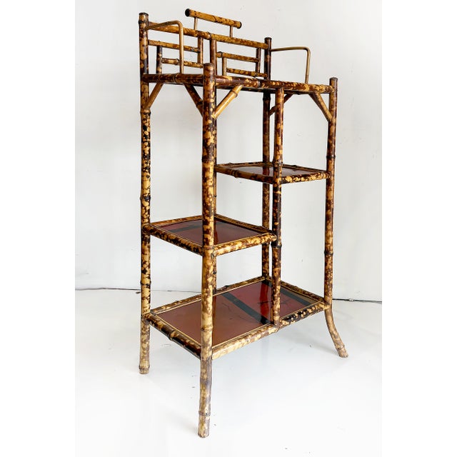 Antique Chinoiserie English Tortoiseshell Bamboo Etagere Display Offered for sale is a lovely antique English Chinoiserie...
