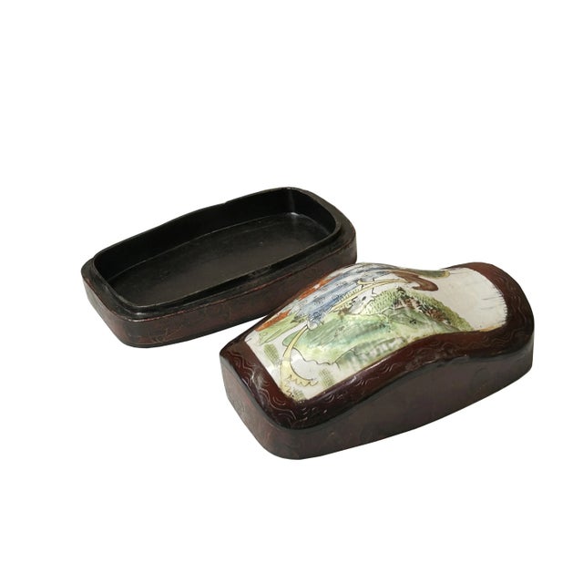 2000 - 2009 Chinese Old White Base Lady Kid Plant Porcelain Art Lacquer Box For Sale - Image 5 of 6