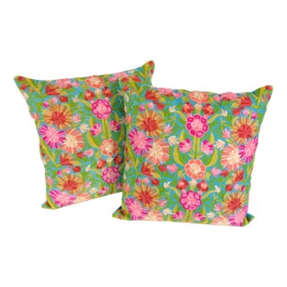 Pair of Embroidered Pillow Covers Bright Multicolored Floral Flowers 18x18 For Sale