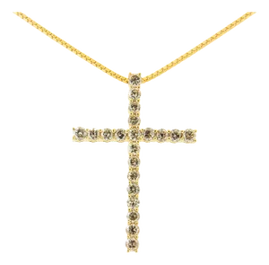 14K Yellow Gold Plated .925 Sterling Silver 1.0 Cttw Champagne Diamond Gold Cross Pendant Necklace for Women (K-L Color, I1-I2 Clarity)- 18 inch
