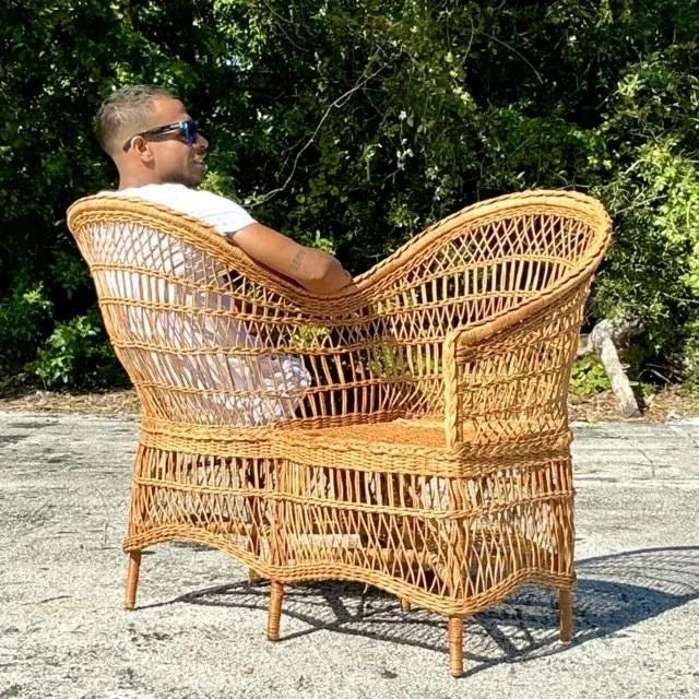 Coastal Vintage Coastal Woven Rattan Tete a Tete Sofa For Sale - Image 3 of 7