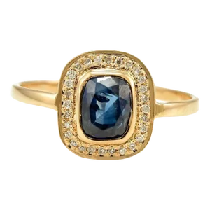 Deep Bright Blue Sapphire and Diamond Halo Ring 18k Solid Yellow Gold Size 7