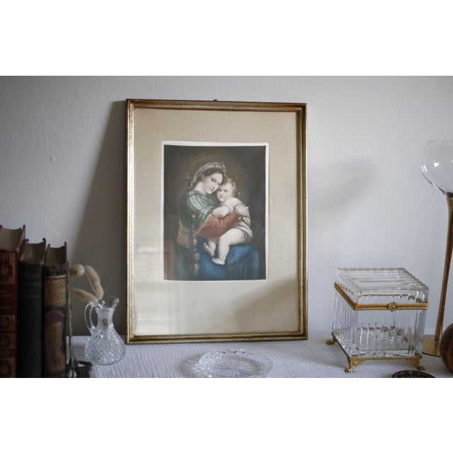 Renaissance Late 19th C. Antique Silk Print of Madonna Della Seggiola by Raphael in Gold Gilded Wood Frame For Sale - Image 3 of 16
