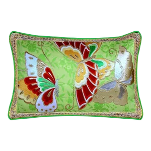 Vintage Hand-Embroidery Butterfly Silk Lumbar Cover Framed With Vintage Guipure Lace and Piping