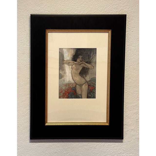 This artwork portrays a figure poised gracefully amidst flowing drapery, rendered in delicate watercolor and gouache. The...