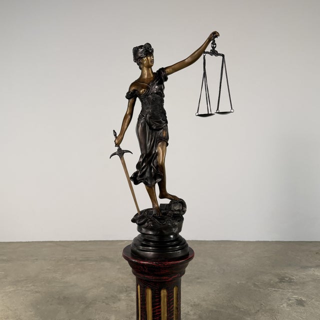 Metal Bronze Lady Justice Sculpture – Blindfolded Justitia With Scales & Sword, 29” Tall For Sale - Image 7 of 13