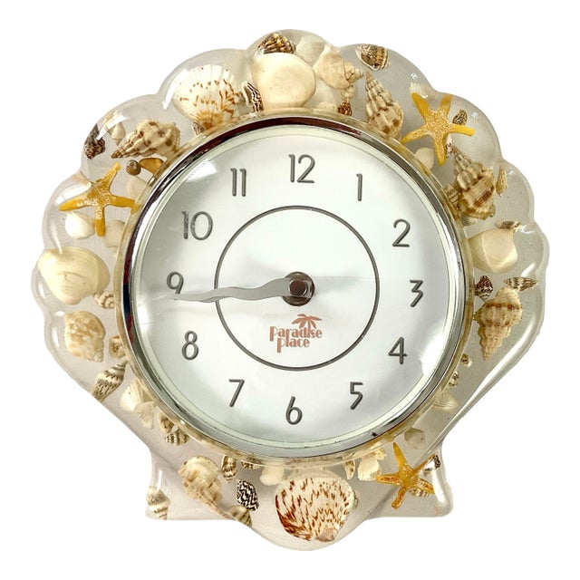McM-Coastal-Lucite Wall Clock – Shaped Like a Seashell-Embedded Throughout With Tiny Seashells For Sale