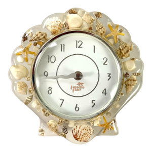 McM-Coastal-Lucite Wall Clock – Shaped Like a Seashell-Embedded Throughout With Tiny Seashells