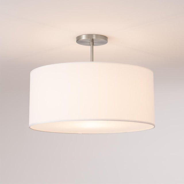 Modern Stretch Semi Flush Mount - Satin Nickel Steel, Drum White Linen Shade, Dimmable, Modern Style For Sale - Image 3 of 4