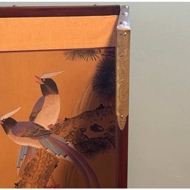 Vintage Hand-Painted 4-Panel Asian Folding Screen / Wall Art (1974) – Excellent Condition For Sale - Image 9 of 9