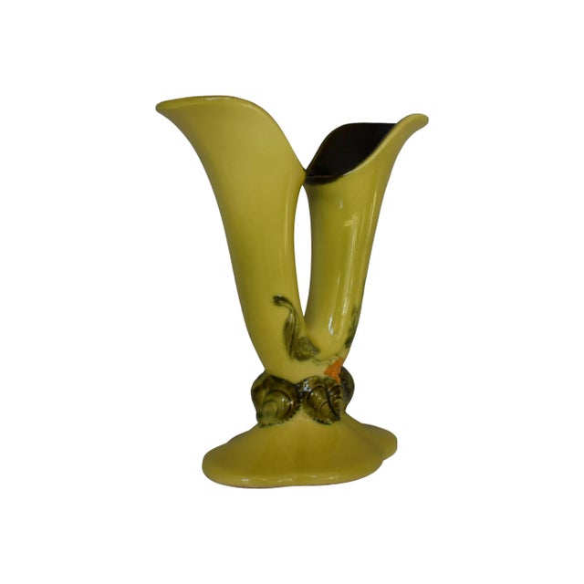 Mid-Century Modern 1950s Hull Pottery Woodland Double Bud Vase Green With Pink Floral For Sale - Image 3 of 7