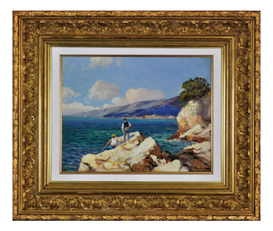 Gustave Vidal, Fishermen on the Rocks, 1930s, Oil Painting, Framed