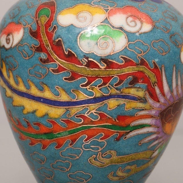 Metal Pair of Vintage Cloisonne Enamel Vases – 6.1" Turquoise Ground Dragon & Phoenix Vases For Sale - Image 7 of 9