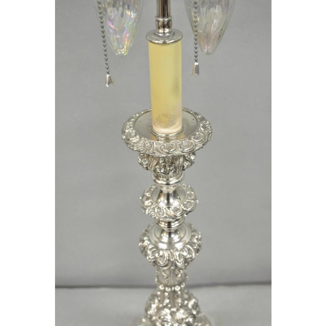 Metal Antique English Victorian Silver Plated Scroll Repousse Candlestick Table Lamp For Sale - Image 7 of 12