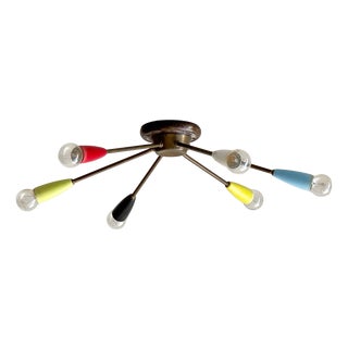 Sputnik Ceiling Light with Six Brass Arms and Colored Sockets, 1960s For Sale