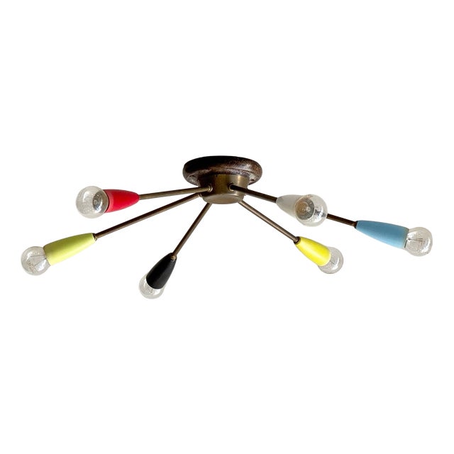 Sputnik Ceiling Light with Six Brass Arms and Colored Sockets, 1960s For Sale