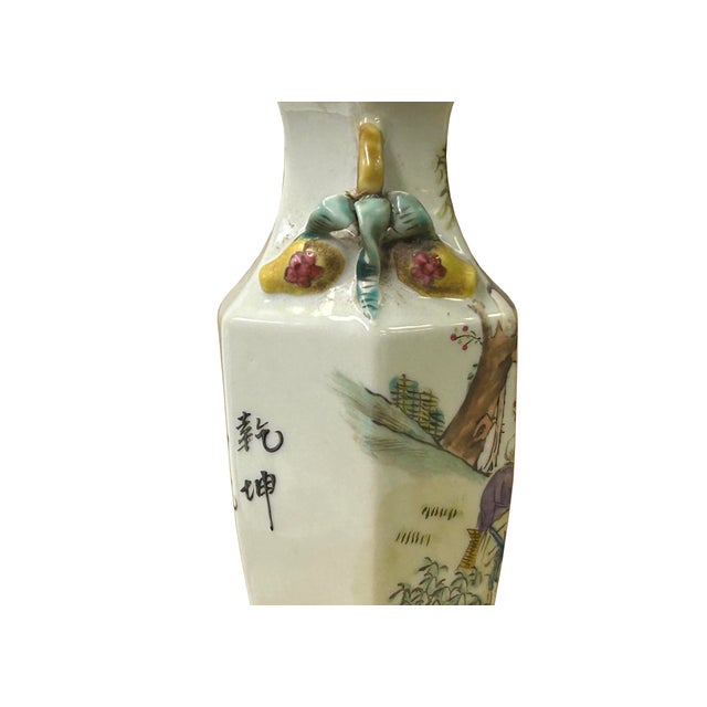 White Chinese Scenery Graphic Hexagonal White Porcelain Art Vase For Sale - Image 8 of 15