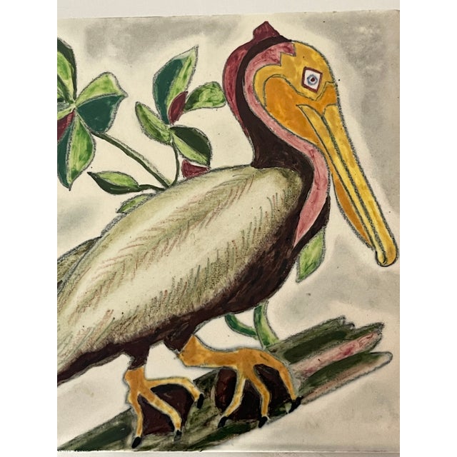 Shabby Chic Antique Polychrome Handpainted Pelican Ceramic Tile For Sale - Image 3 of 4