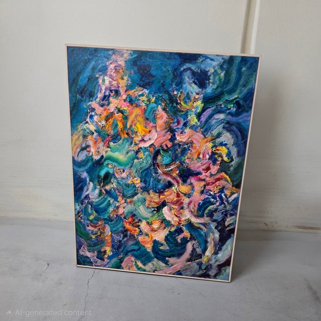 This is a modern abstract expressionist oil painting featuring a dense, swirling composition. The artwork is created using...