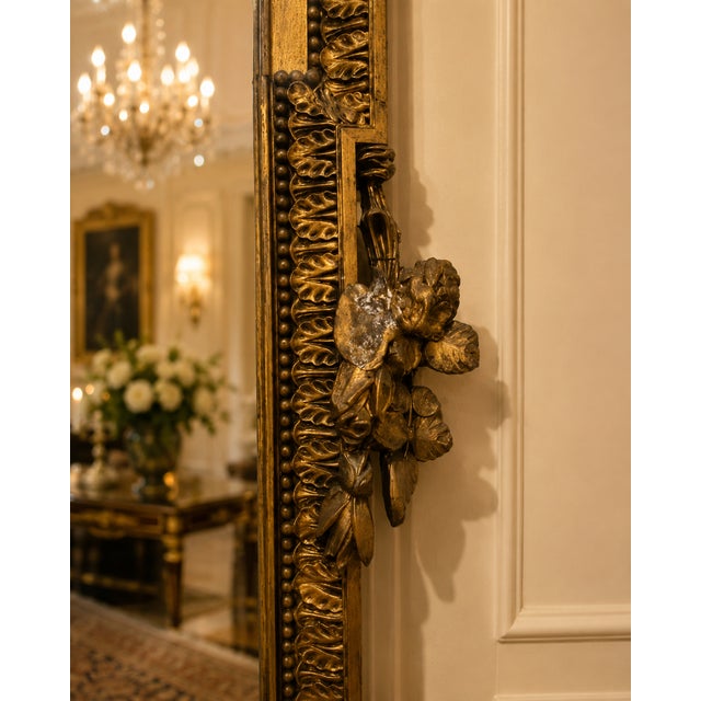 French 19th Century French Louis XVI Style Carved Giltwood Mirror With Floral Crest For Sale - Image 3 of 5