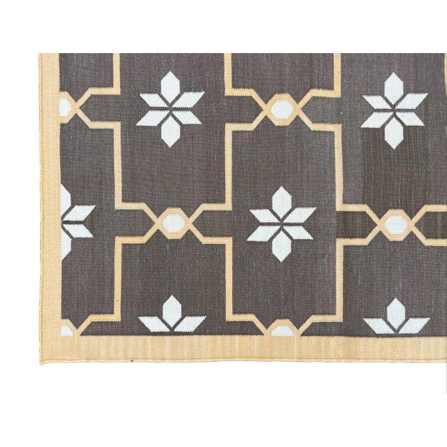 Not Yet Made - Made To Order Handmade Cotton Area Rug, Natural Vegetable Dyed, Brown and Cream Flower Pattern Dhurrie - 6'x9' For Sale - Image 10 of 11