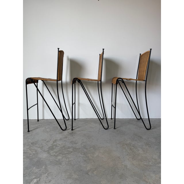 Mid-Century Modern 1970's Frederic Weinberg Style Rattan & Iron Bar Stools - Set of 3 For Sale - Image 3 of 14