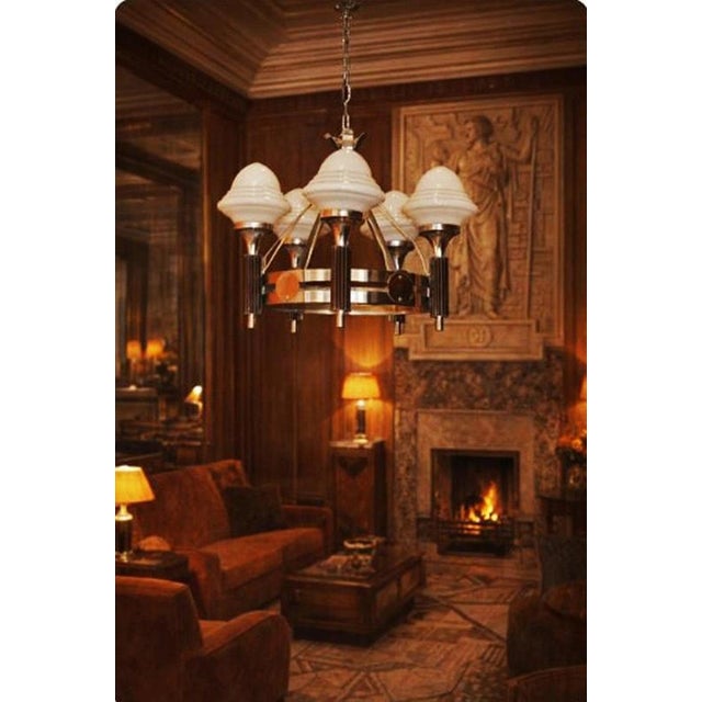 1930s Art Deco French Five-Light Chrome, Bakelite & Opaline Glass Chandelier, 1930s For Sale - Image 5 of 18