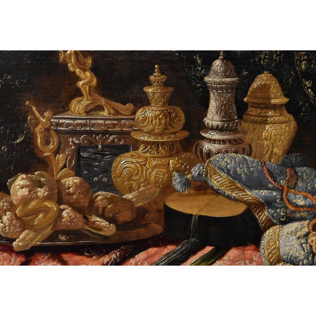 Antonio Tibaldi, Still Life with Rug, 1660, Oil on Canvas, Framed For Sale - Image 7 of 15