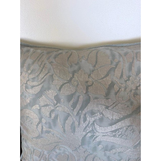 Fortuny Cotton Damask Throw Pillows, Venetian Floral Motif, Aqua & Silver Pair For Sale - Image 9 of 10