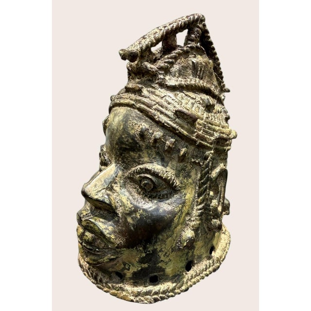 Vintage African Benin Edo Style Cast Brass Bronze Ceremonial Head Sculpture 7.5" For Sale - Image 4 of 15