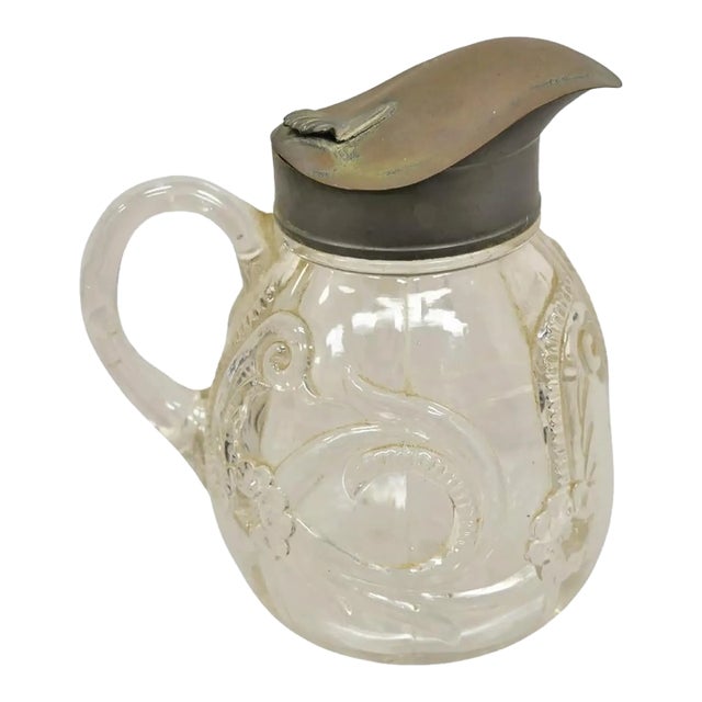 Antique American Art Nouveau Decorated Leaded Glass Creamer Syrup Pitcher For Sale