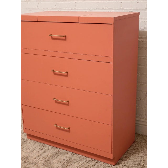 Vintage Postmodern Burnt Orange Four-Drawer Highboy Dresser With Brass Hardware For Sale - Image 9 of 12