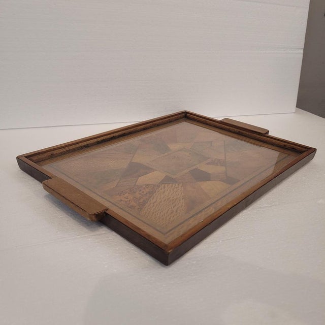 Wood Art Deco Tray Marquetry and Glass, France, 1950s For Sale - Image 7 of 16
