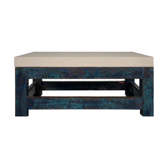 Wood Paint Patina Shop Table as Coffee Table With Limestone Top For Sale - Image 7 of 9