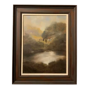 Unique Vertical Hunt Scene Oil on Canvas Painting