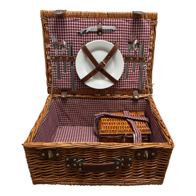 Large Classic Vintage Americana Wood Wicker Picnic Basket With Accoutrements For Sale