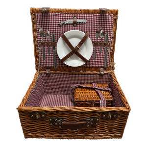 Large Classic Vintage Americana Wood Wicker Picnic Basket With Accoutrements