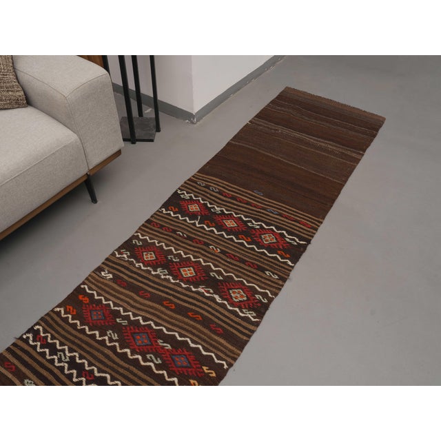 1970s Vintage Handmade Wool Cotton Brown Runner Rug For Sale - Image 4 of 11