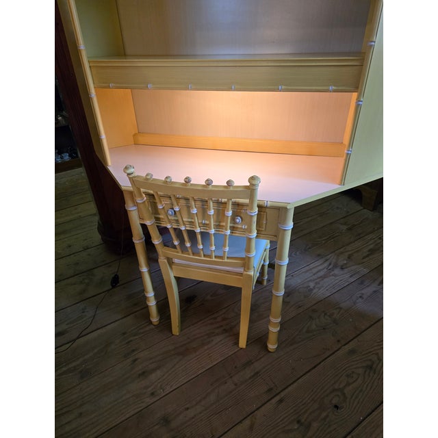 Thomasville MCM Allegro Faux Bamboo 3 piece corner desk set in original yellow. White laminate desk top, one drawer, 3...