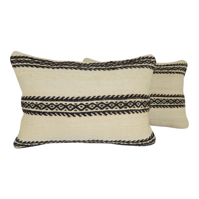 Set of Two Turkish Lumbar Kilim Pillow, Lumbar Cushion Cover 14'' X 20'' (35 X 50 Cm) For Sale