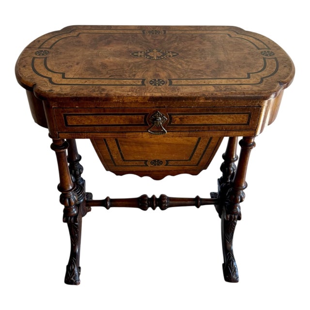 Victorian Inlaid Burr Walnut Work Table, 1860s For Sale
