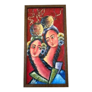 1990s Original Signed Oil Painting Exaggerated Portrait Latin Sisters Bohemian, Framed