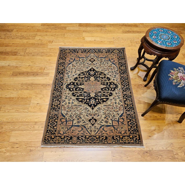 19th Century Persian Farahan Sarouk Rug, Hand-Knotted Wool, Floral Medallion Pattern, Ivory & Navy, 4x5 For Sale - Image 16 of 16