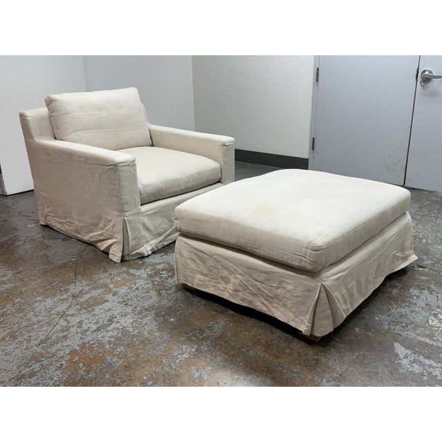 Traditional Restoration Hardware Slipcover Belgian Linen Shelter Armchair + Ottoman For Sale - Image 3 of 12