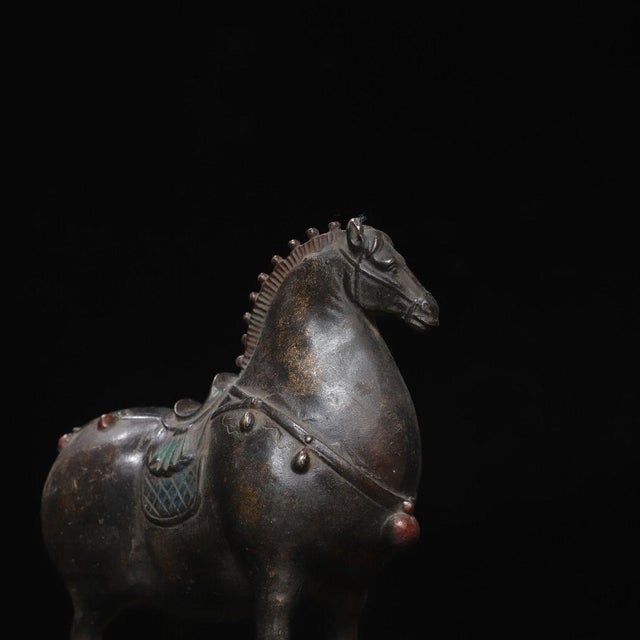 Metal Vintage Gilt Bronze Tang-Style Horse Figure – Scholar's Desk Ornament For Sale - Image 7 of 9