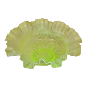 Antique Northwood Spanish Lace Uranium Opalescent Glass Ruffle Bowl