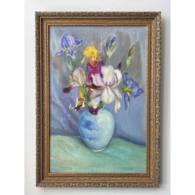 Early 20th Century Oil Painting Colorful Still Life of Irises in a Blue Vase For Sale - Image 15 of 15