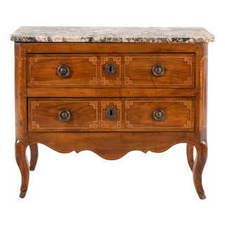 Louis XVI Period Inlaid Walnut Commode With Breccia Marble Top, Late 18th Century For Sale
