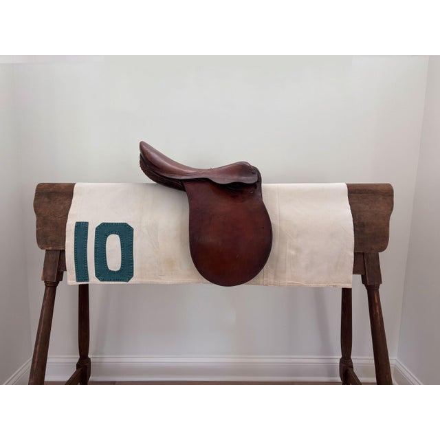 Here is a vintage racehorse saddle cloth (saddle pad) circa 1960s. This extra long off-white saddle cloth is made of...