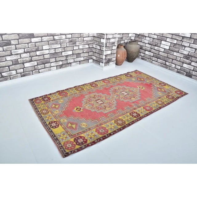 1950s Faded Rose and Dark Slate Border, Low Pile Distressed Turkish Rug For Sale - Image 10 of 10